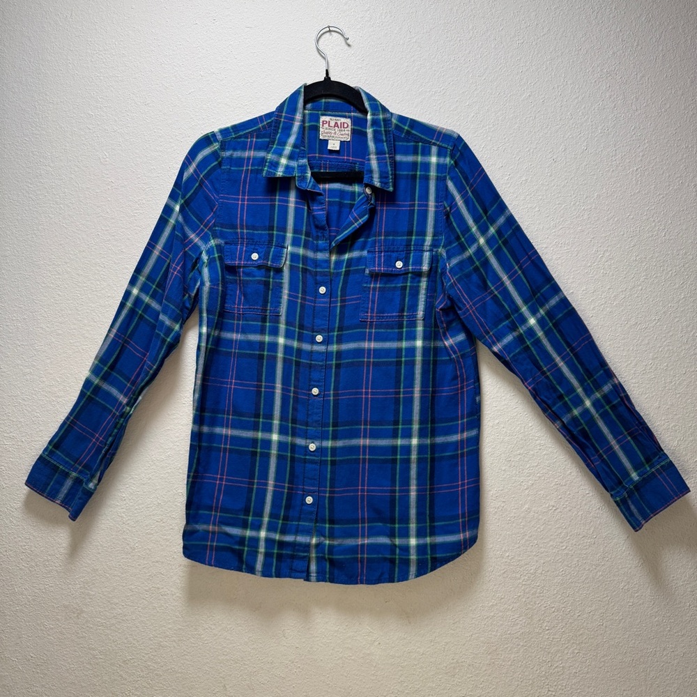 Old Navy, Royal Blue and Green Casual Button Down Plaid Shirt size M